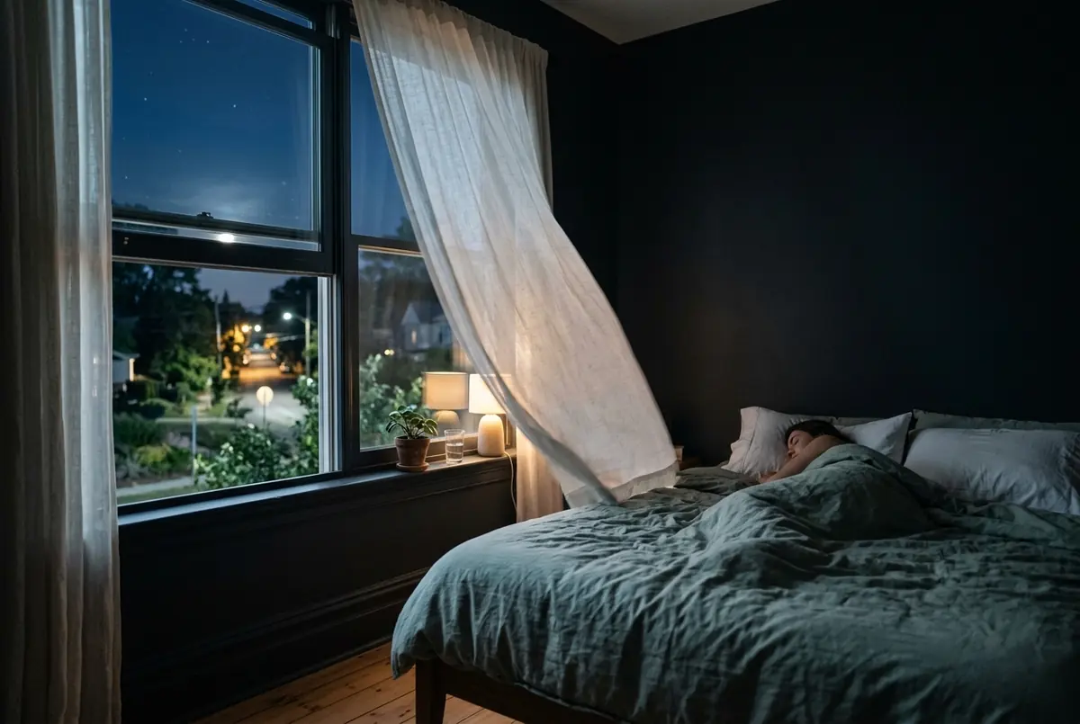IMAGE — window open at night, bed with light duvet