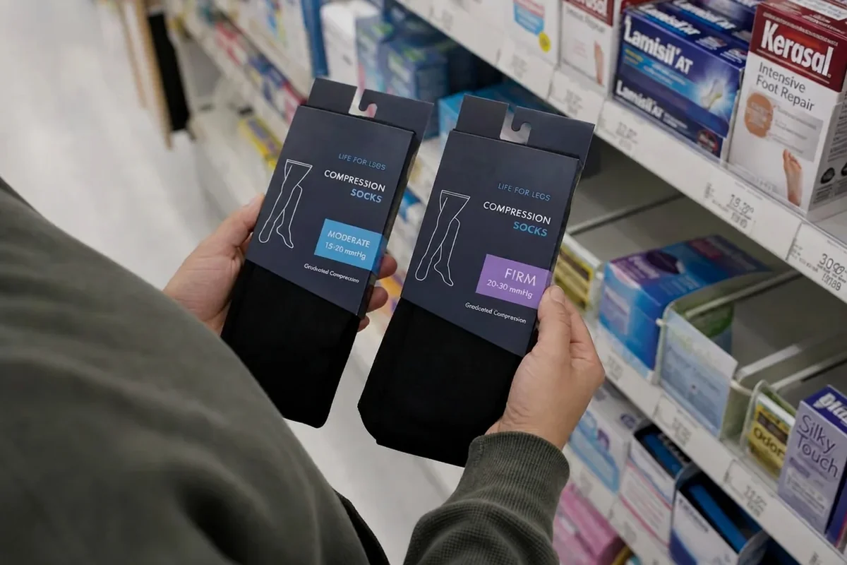 IMAGE — compression socks with pressure level labels visible