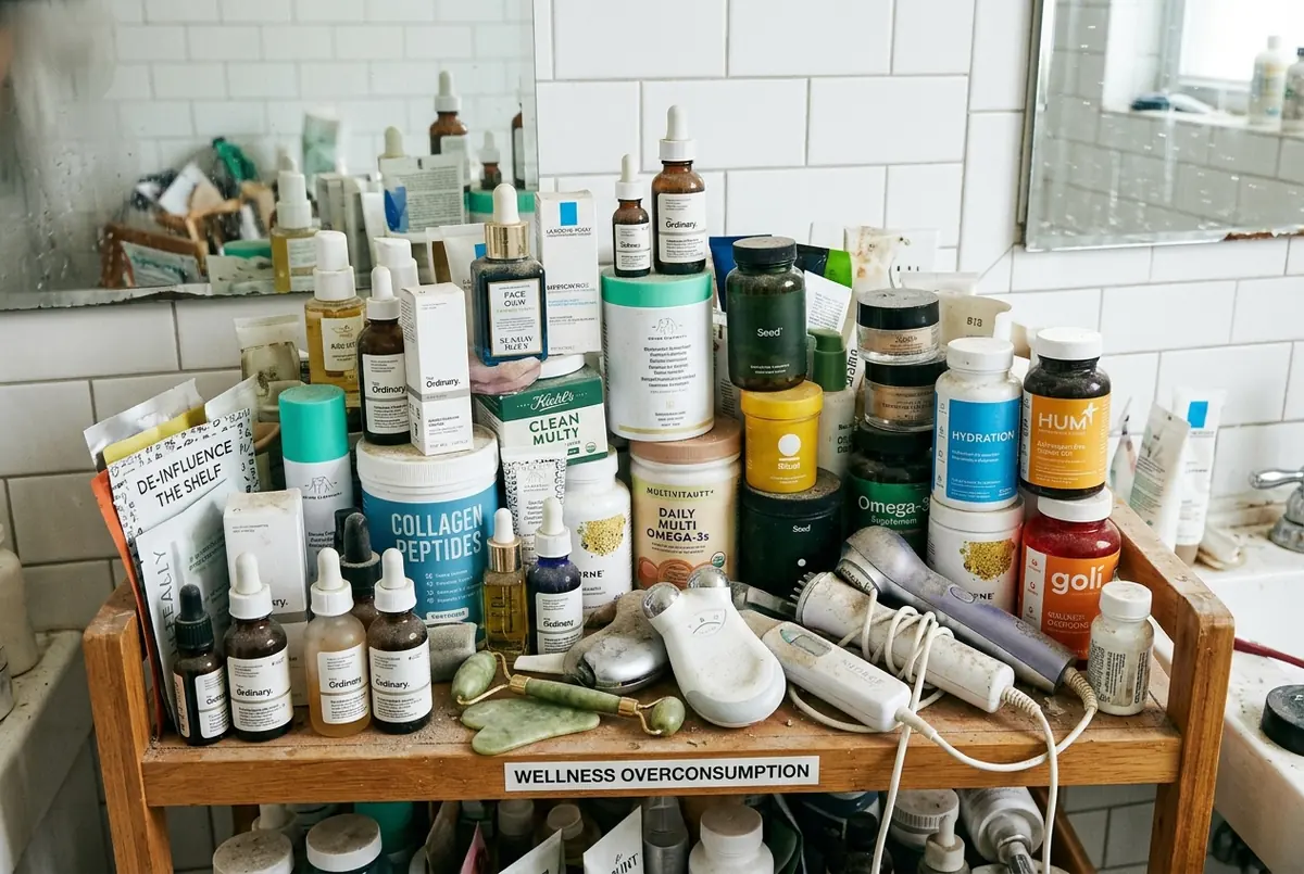 IMAGE — cluttered shelf of unused wellness products