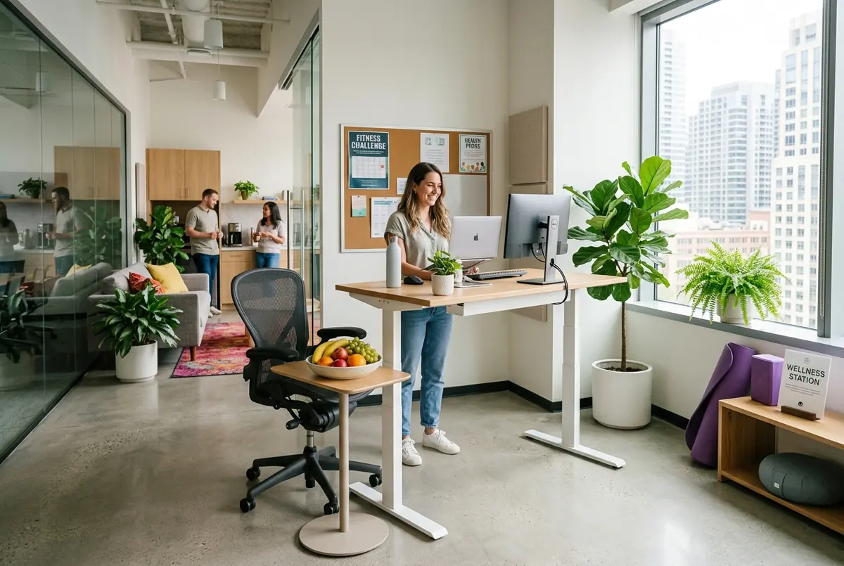 IMAGE — office wellness perks: desk setup and fruit