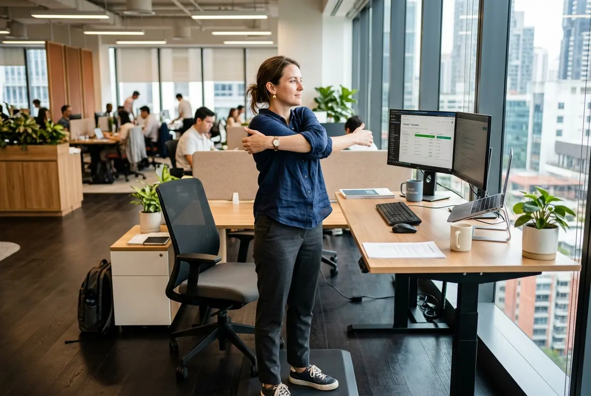 IMAGE — desk worker doing standing stretch
