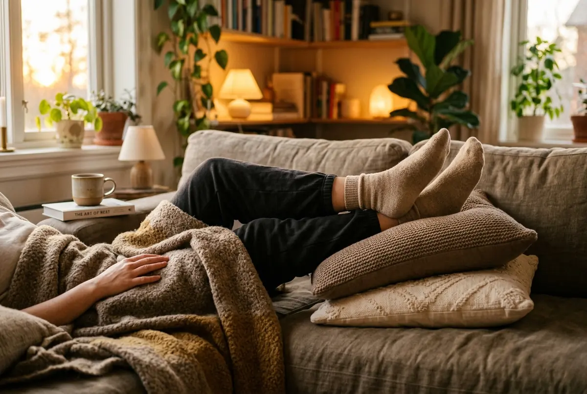 IMAGE — legs elevated on cushion in evening