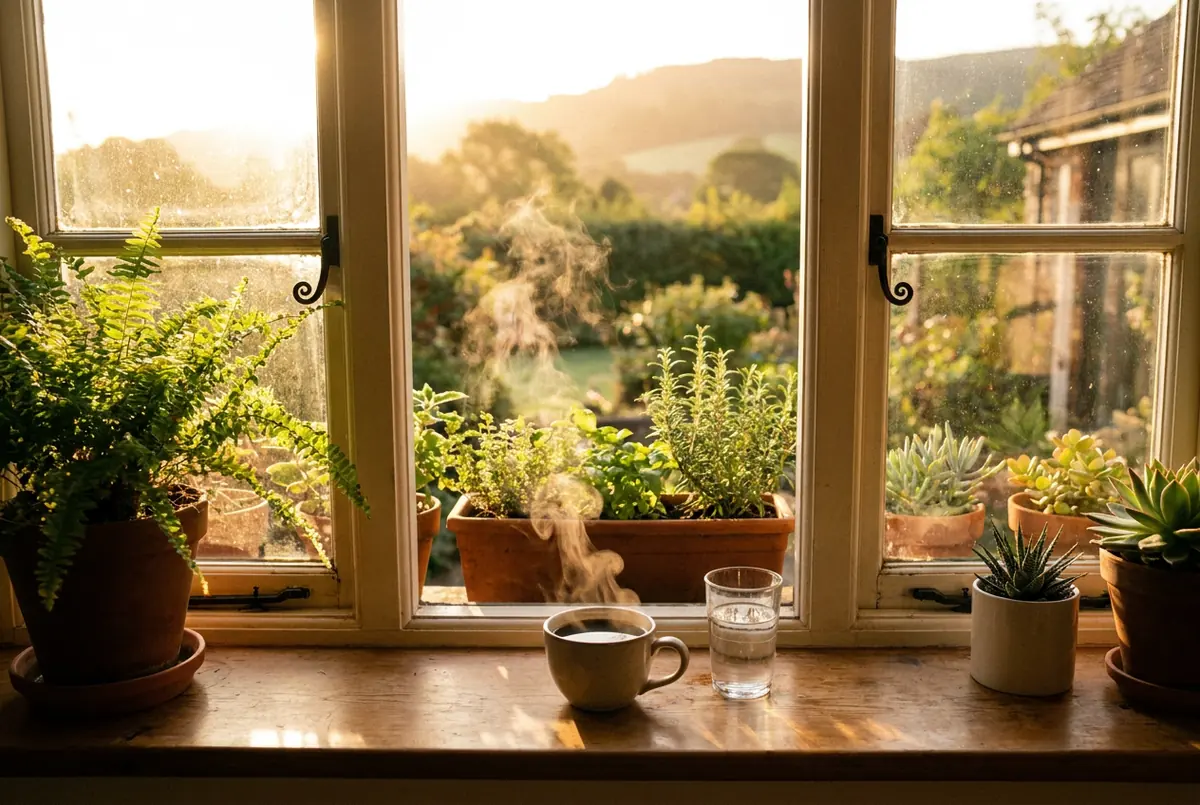 IMAGE — morning light through window, coffee on table