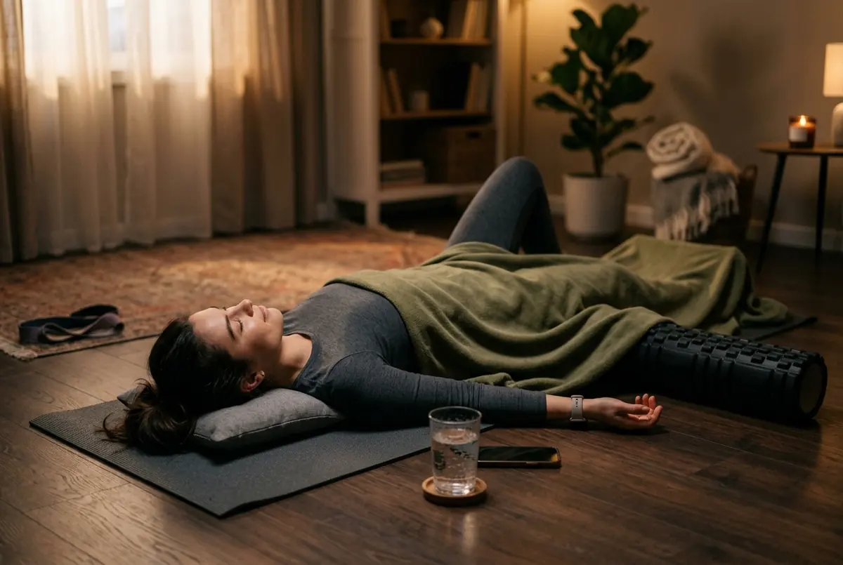 IMAGE — recovery tools: foam roller, massage gun, water