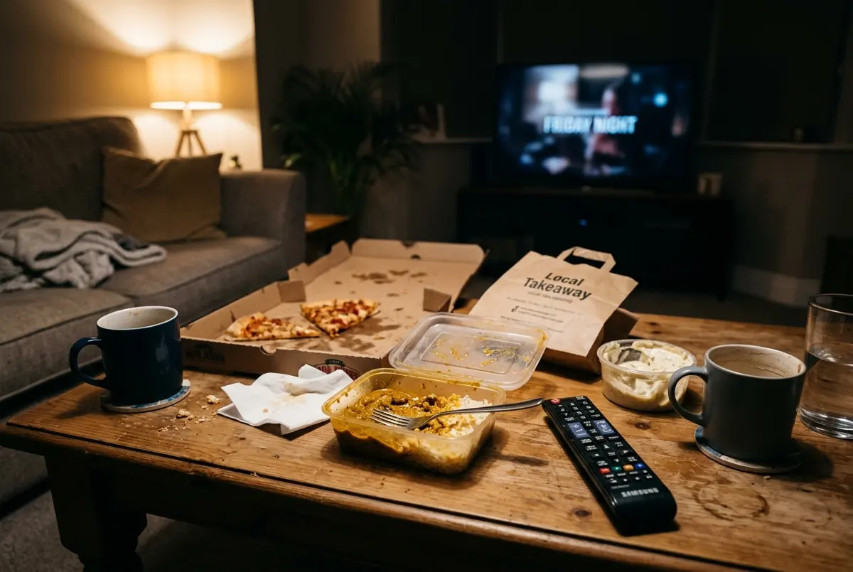 IMAGE — salty takeaway meal, water glass beside