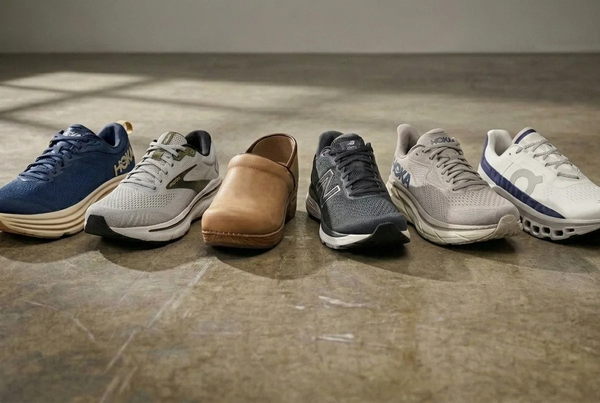 IMAGE — lineup of tested standing shoes on hard floor