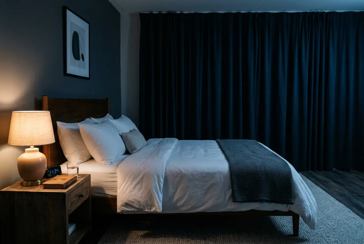 IMAGE — calm dark bedroom, bedside lamp