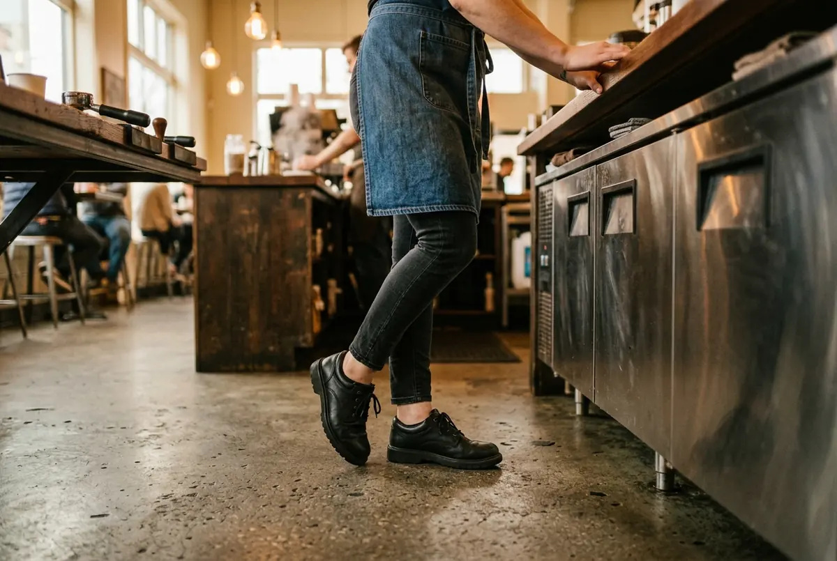 IMAGE — worker standing at counter during long shift