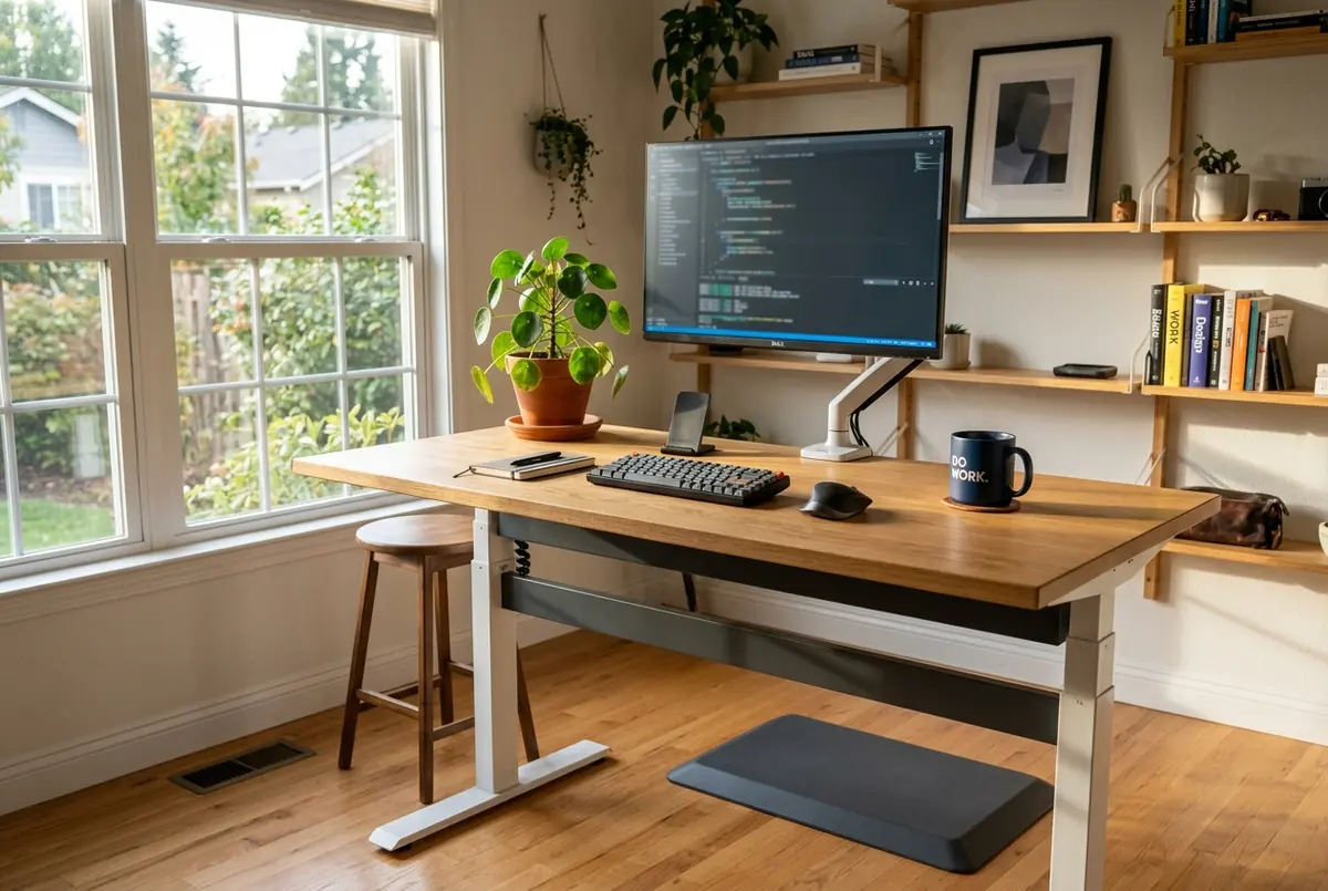 IMAGE — sit-stand desk raised in home office