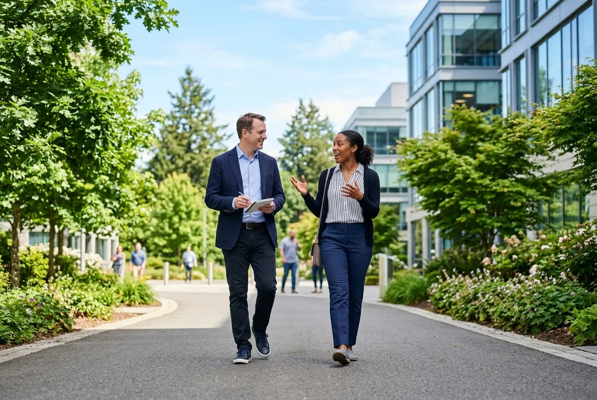 IMAGE — colleague pair walking and talking outside