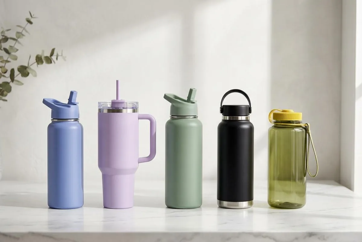IMAGE — Owala, Stanley, Hydro Flask, Yeti and Nalgene bottles lined up