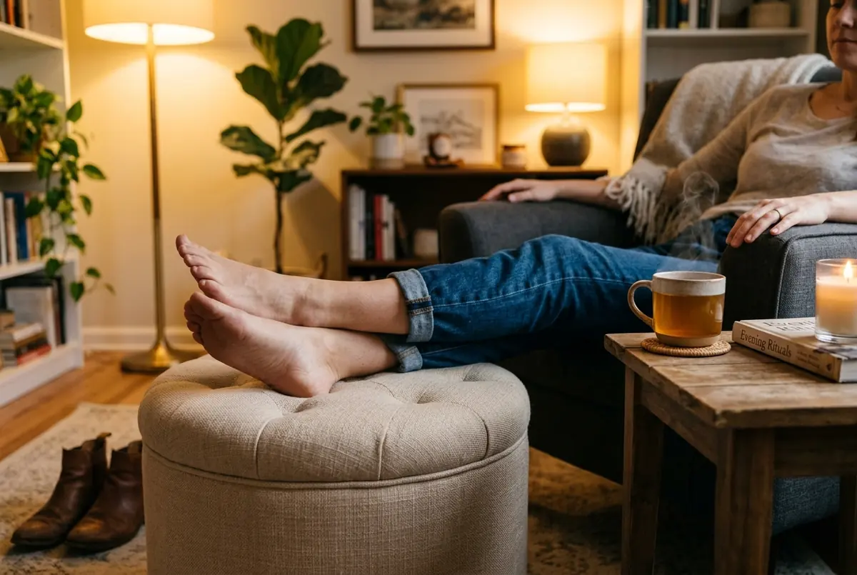 IMAGE — tired legs propped up on ottoman after work