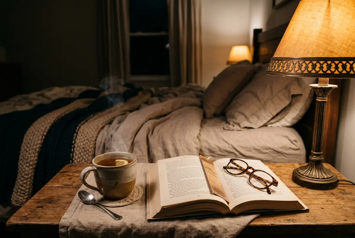 IMAGE — dim lamp, book and tea in evening